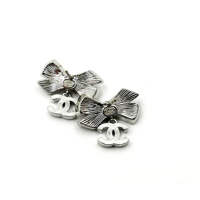 Chanel Silver Ribbon Row CC Crystal Piercing Earrings - 2