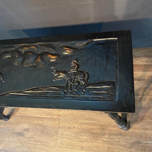 Ebony Spanish Console Table or Sofa Table With Carved Top and Iron Stretchers For Sale - Image 9 of 12