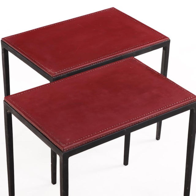 Contemporary Pair of Iron and Leather Side Tables in the Manner of Jean-Michel Frank, Contemporary For Sale - Image 3 of 4