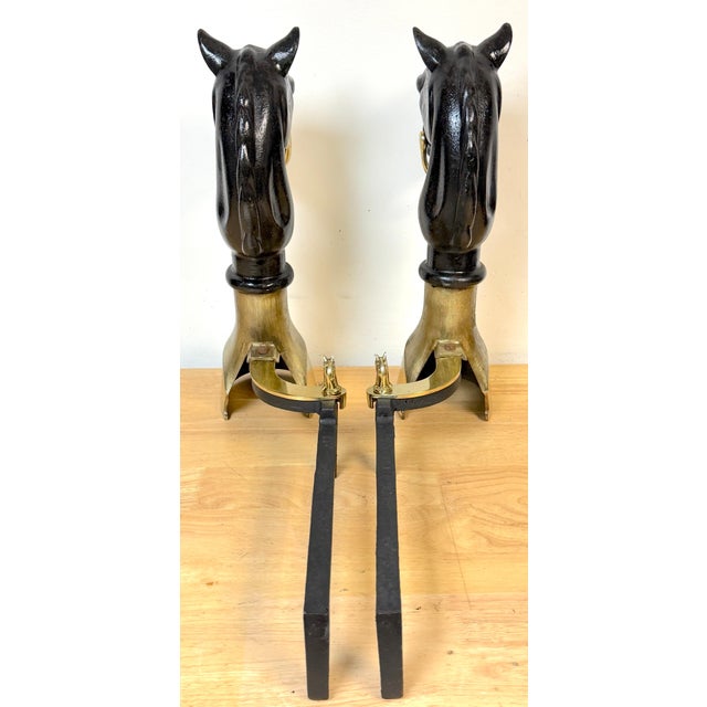 19th Century English Brass & Iron Horse Motif Andirons with Removable Chain For Sale - Image 17 of 18