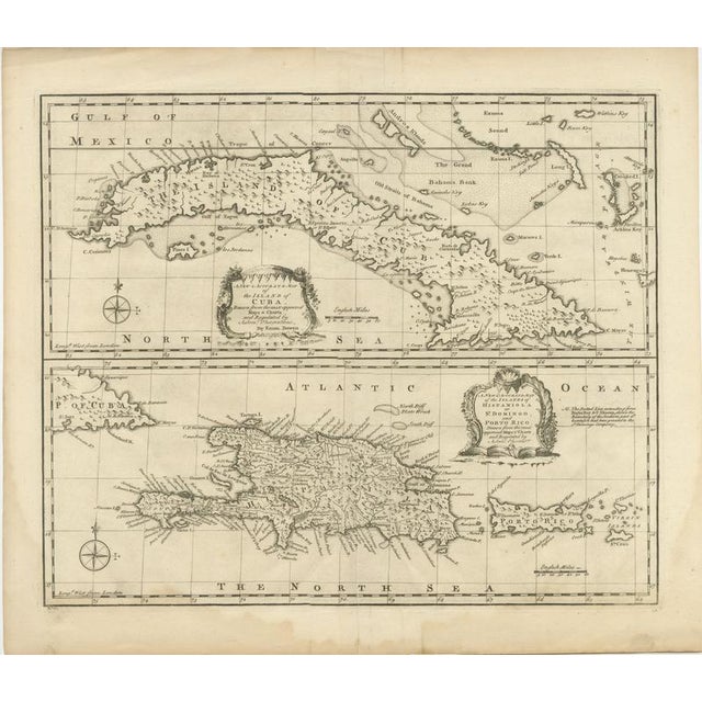 Antique Map of Cuba with Caribbean Sea Chart by Bowen, 1744 For Sale - Image 3 of 10
