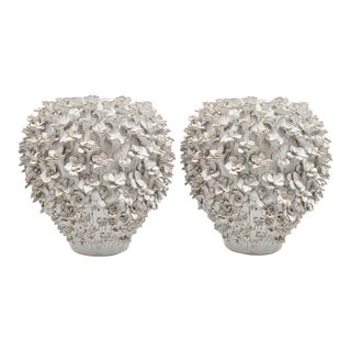 Pair of Hand Made White Floral Ceramic Vases For Sale