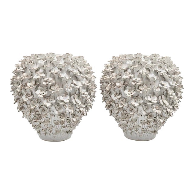 Pair of Hand Made White Floral Ceramic Vases For Sale