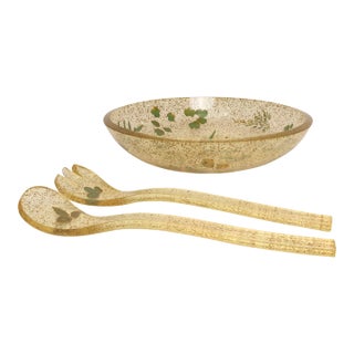 Vintage Botanical Motif Resin / Acrylic Salad Bowl and Servers / Tongs Set by Bilmar - 3 pcs For Sale