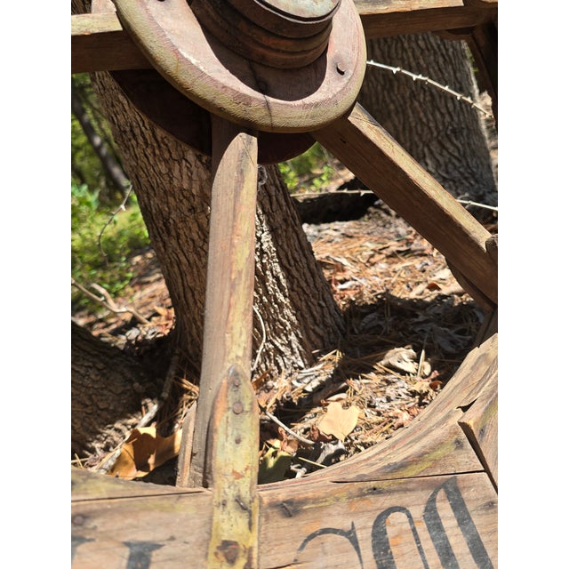 Late 19th Century Large Industrial Wooden Pulley Wheel With Vintage Stenciled Lettering — 30” For Sale - Image 5 of 10