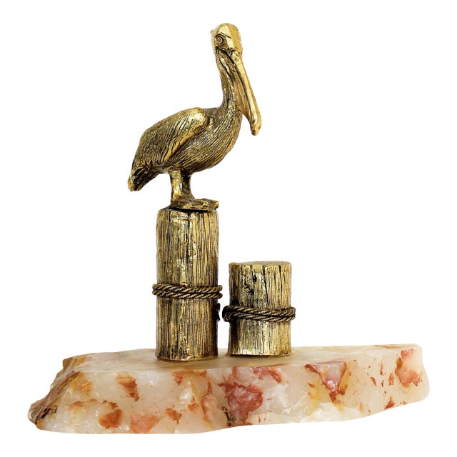 Vintage Brass Seagull Mounted on Alabaster Stone Figurine For Sale