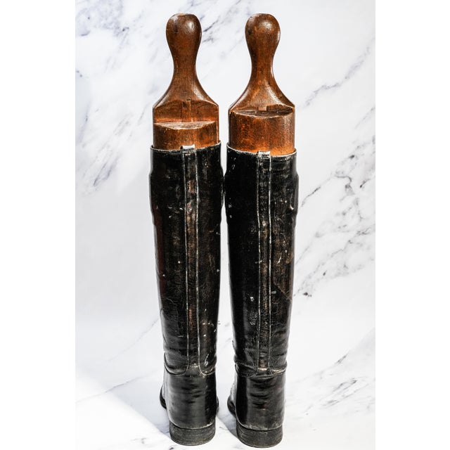 Stately Antique English Black Leather Horse Riding Boots With Wood Trees Equestrian Country Home Decor For Sale In New York - Image 6 of 12