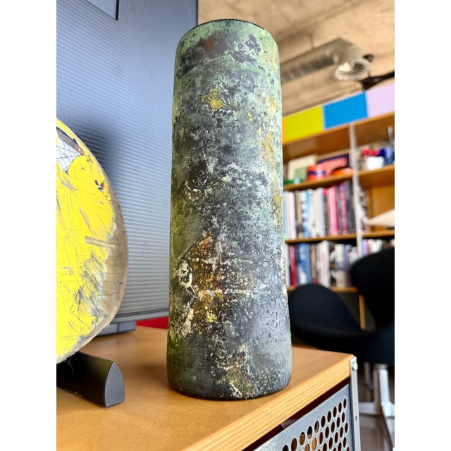 Vintage Murano Scavo Corroso Glass Cylinder Vase Acid Green and Yellow For Sale - Image 15 of 15