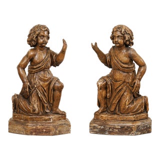 French Carved-Wood Putti Figures, 19th Century - A Pair For Sale
