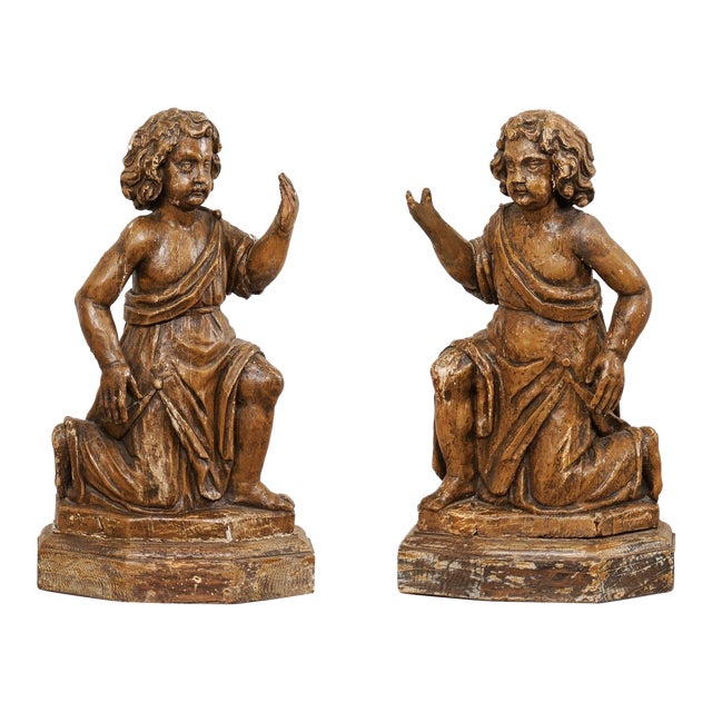 French Carved-Wood Putti Figures, 19th Century - A Pair For Sale