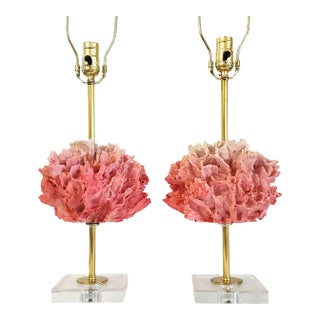 Lamps Pink Faux Coral & Brass Pair For Sale
