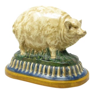 Vintage Large Ceramic Pig Statue on Pedestal For Sale