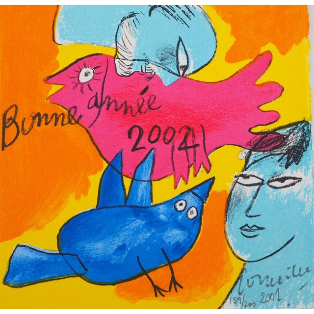 Guillaume Corneille, Couple with Birds, 2001, Original Lithograph For Sale - Image 6 of 7