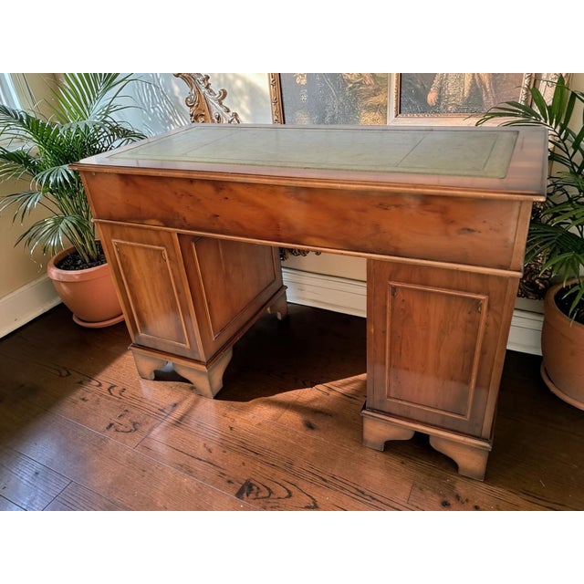 Metal Antique Twin Pedestal Desk in Dark Yew Wood and Leather Top, 1980 For Sale - Image 7 of 18