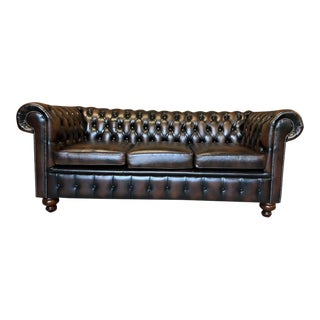 Vintage Mid-Century Brown English Leather Chesterfield 3 Seat Sofa For Sale