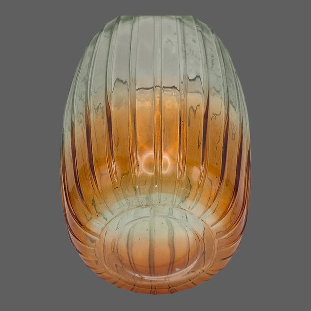 Glass Fluted Glass Vase Ombre Color Green at Top Amber-Orange at Base 10'' Tall For Sale - Image 7 of 8