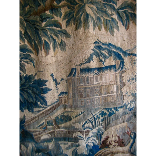 French Country French Aubusson Signed Verdure Dog Hunting a Duck Red Flowers Borders Circa 1700 Hundreds For Sale - Image 3 of 18