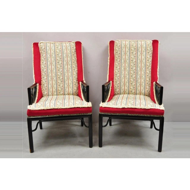 Vintage Chinoiserie James Mont Style Black Fretwork Lounge Arm Chairs - a Pair. Item features solid wood frames, black...
