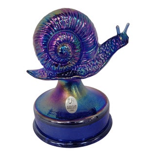 Contemporary Fenton Iridescent Blue Snail Art Glass Sculpture For Sale