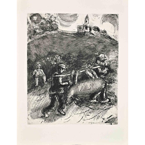 Marc Chagall, The Miller, His Son and the Donkey (Etching by Marc Chagall), 1952, Etching For Sale