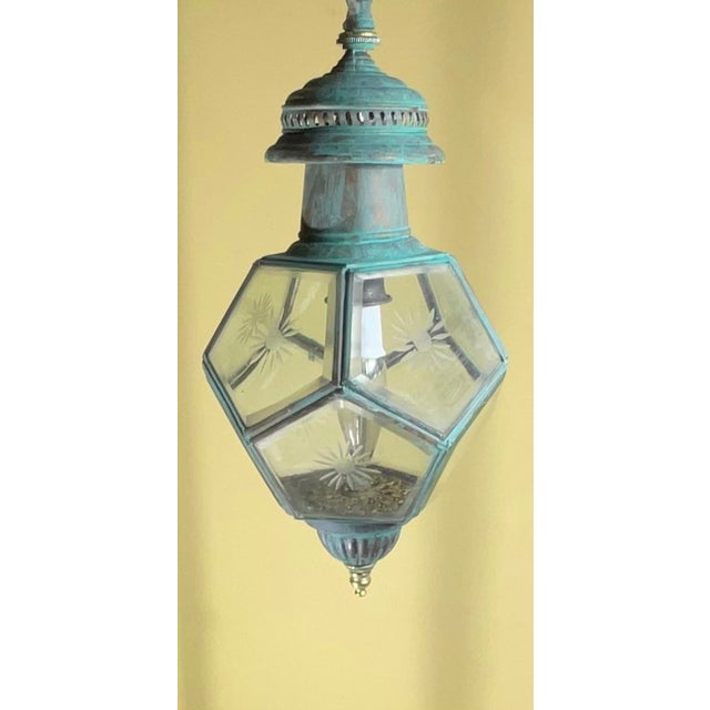 Antique English Solid Brass & Glass Starburst Hanging Lantern - Pendant For Sale In Miami - Image 6 of 14