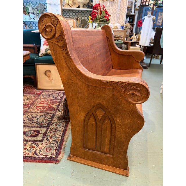 Wood Vintage, Antique American Oak Pew Bench For Sale - Image 7 of 7