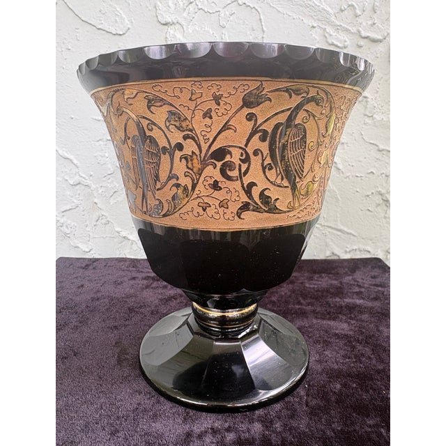 Antique Bohemian Amethyst Glass Footed Bowl With Ooplastic Gilt Bird Frieze, Circa 1910-1925 For Sale - Image 9 of 12