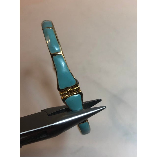 Metal 1970s Les Bernard Rectangular Gold Tone Turquoise Enamel Bangle For Sale - Image 7 of 12