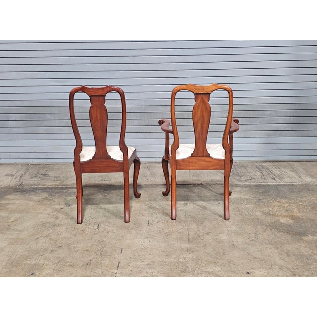 1990s Set of 8 Henkel Harris Black Cherry Dining Room Chairs White Damask Fabric For Sale - Image 17 of 18