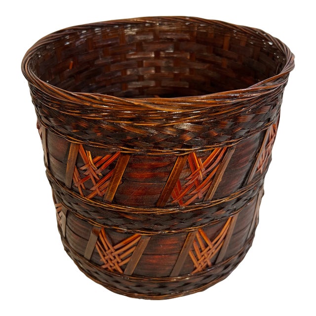 Vintage BoHo Chic Split Reed Wicker Waste Basket For Sale