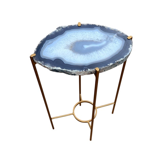 Unusual Modern Handcrafted Drinks Table. Oval Pale gray Geode with dark gray contrasting edge on a gilded steel base.