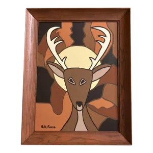 Contemporary Folk Art Original B.D.Floyd Painting “Deer in Moonlight “ Vintage Frame