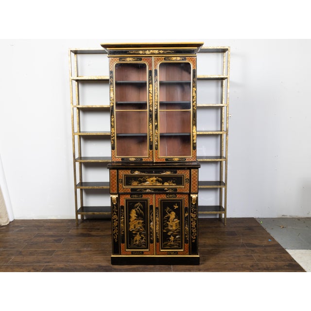 19th Century English 19th Century Black and Gold Secretary Bookcase with Chinoiserie Décor For Sale - Image 5 of 12