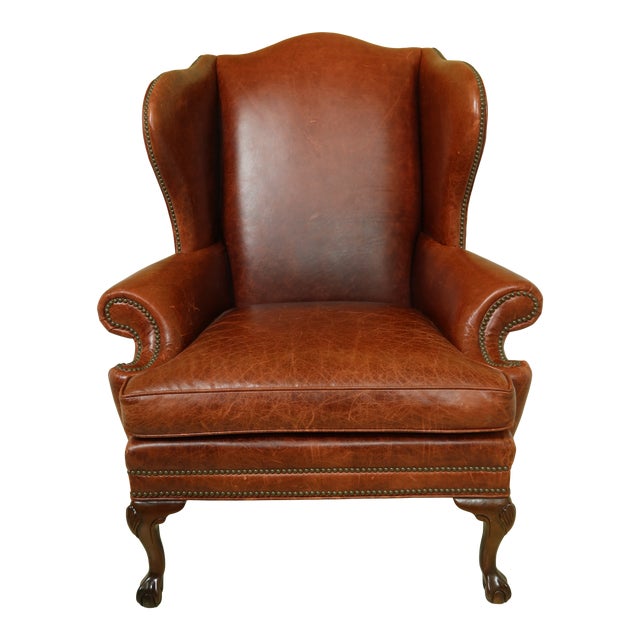 Ethan Allen Red Leather Ball & Claw Wing Back Chair Chairish