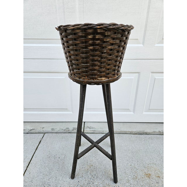 40s Round Rattan Wicker Basket Planter Spindle Legs For Sale - Image 4 of 12