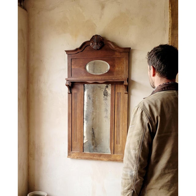 Antique French Provincial Carved Oak Hall Mirror with Beveled Glass and Shelf, 1890 For Sale - Image 3 of 15
