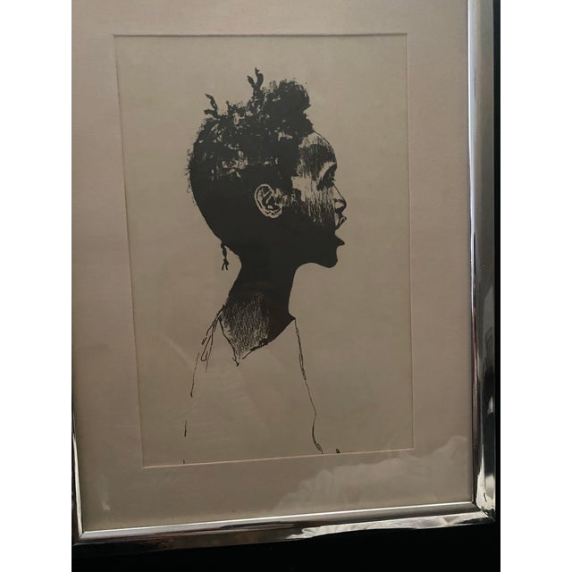 American 1970s Black Art Framed Black and White Portrait Drawing of a Young Person For Sale - Image 3 of 8