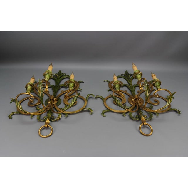 Large Gilt and Green Color Metal and Wood Sconces, 1960s, Set of 2 For Sale - Image 9 of 18