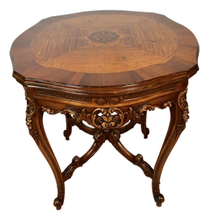 1910s Antique French Louis XV Walnut & Satinwood Inlay Round Center Table
