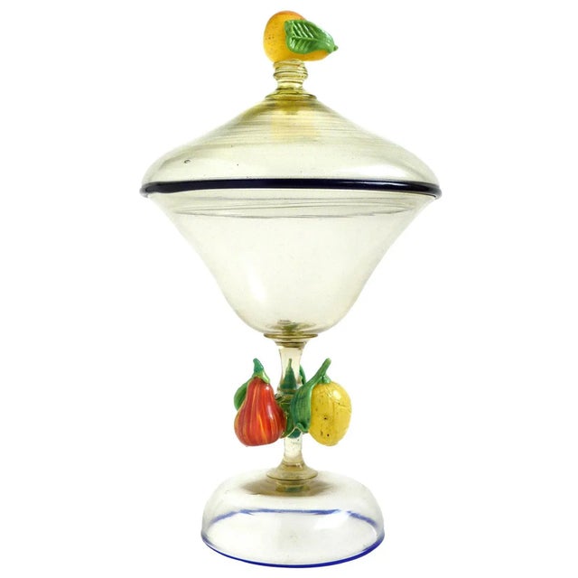 Venetian Antique Murano Pear Lemon Fruit Decorated Italian Art Glass Covered Jar, Art Nouveau-Deco Era For Sale - Image 9 of 9