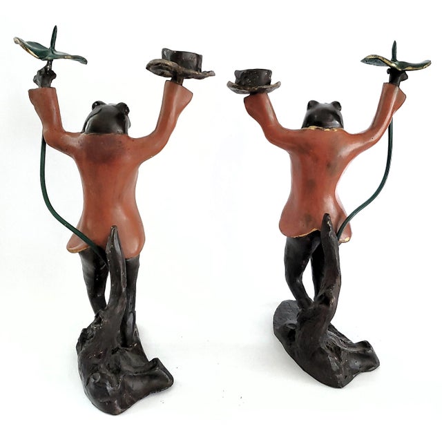 Candlestick Pair - Large Antique Hand Painted Bronze Frogs For Sale - Image 10 of 18