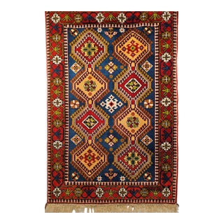 Vintage Persian Shiraz Yalameh Tribal Area Rug, Hand-Knotted Wool, Allover Geometric Pattern, Blue & Red, 3x5 For Sale