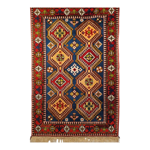Vintage Persian Shiraz Yalameh Tribal Area Rug, Hand-Knotted Wool, Allover Geometric Pattern, Blue & Red, 3x5 For Sale