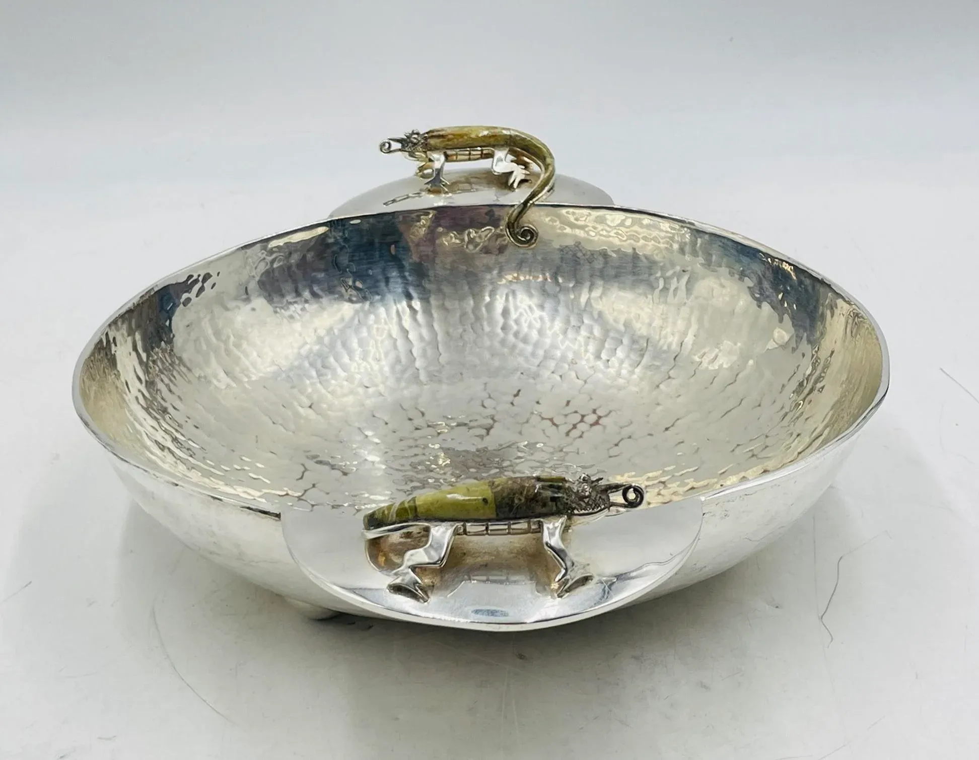 1960s Silver Plated Bowl With Stone-Inlaid Lizard Handles by