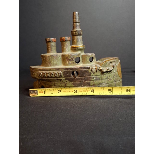 Antique Cast Iron Battleship Oregon Still Penny Bank J&e Stevens Green Paint 1898 For Sale - Image 13 of 14
