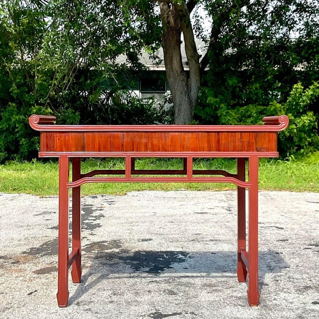 Brick Red Late 20th Century Vintage Reclaimed Wood Tall Pagoda Console Table For Sale - Image 8 of 13