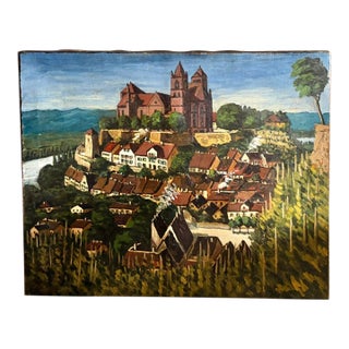 Antique Oil on Canvas - Baden Wurtennberg Germany - Cityscape of Alt - Breisach - St. Stephen Munster Cathedral - Rhine River For Sale