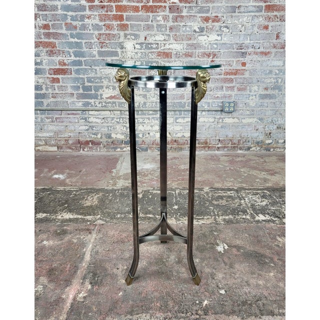 Pedestal Polished Stainless Steel Frame with 3 Brass Lion Heads & Glass Top For Sale - Image 9 of 9