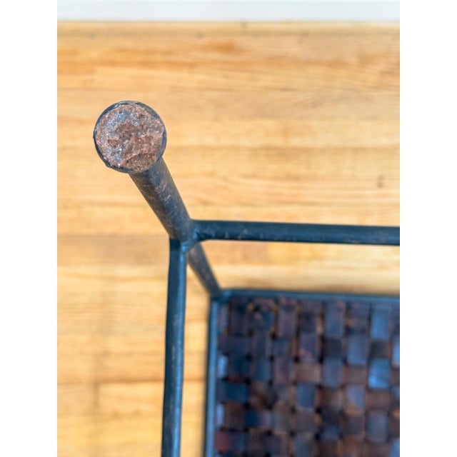French Mid Century Industrial Style Pair of Woven Leather and Iron Counter Stools After Lila Swift and Donald Monell For Sale - Image 14 of 18