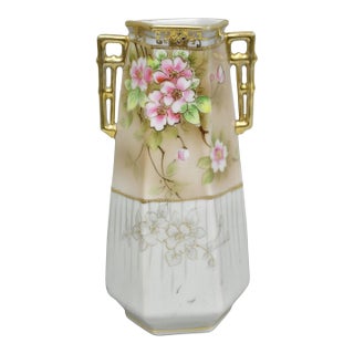 Antique Nippon Twin Handled Pink Hand Painted Porcelain Hexagon Gold Rimmed Vase For Sale